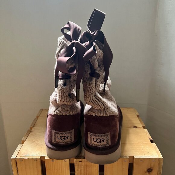 UGG Size 6 Cordovan Kiandra Chunky Cotton Knit Brushed Suede Lace Up Ankle Boots - Picture 12 of 16